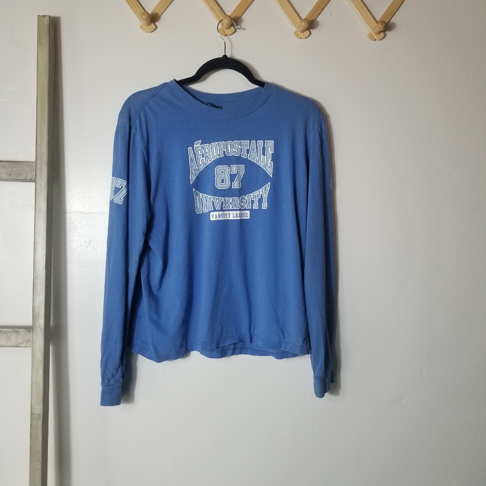 AEROPOSTALE WOMEN'S BLUE AND WHITE LONG SLEEVE BLOUSE SIZE XL